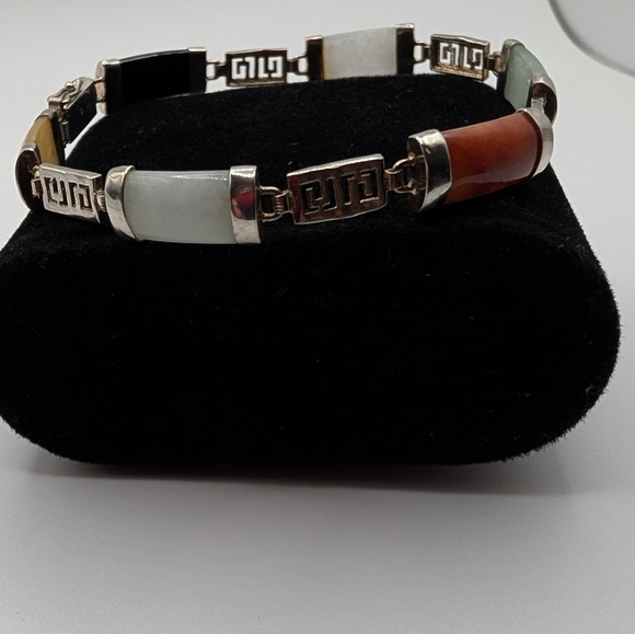 Vintage Chinese 925 Sterling Silver Muti-Color Jade & Chinese GOOD luck Bracelet - Picture 14 of 15